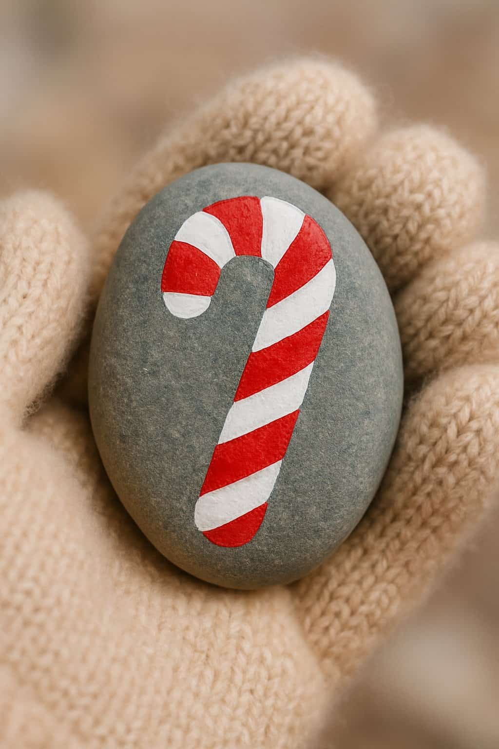 A mitten-covered hand holding a smooth river rock painted with red and white stripes resembling a candy cane.