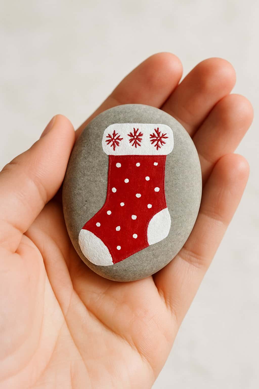 A hand holding a smooth river rock painted with a red and white Christmas stocking design.
