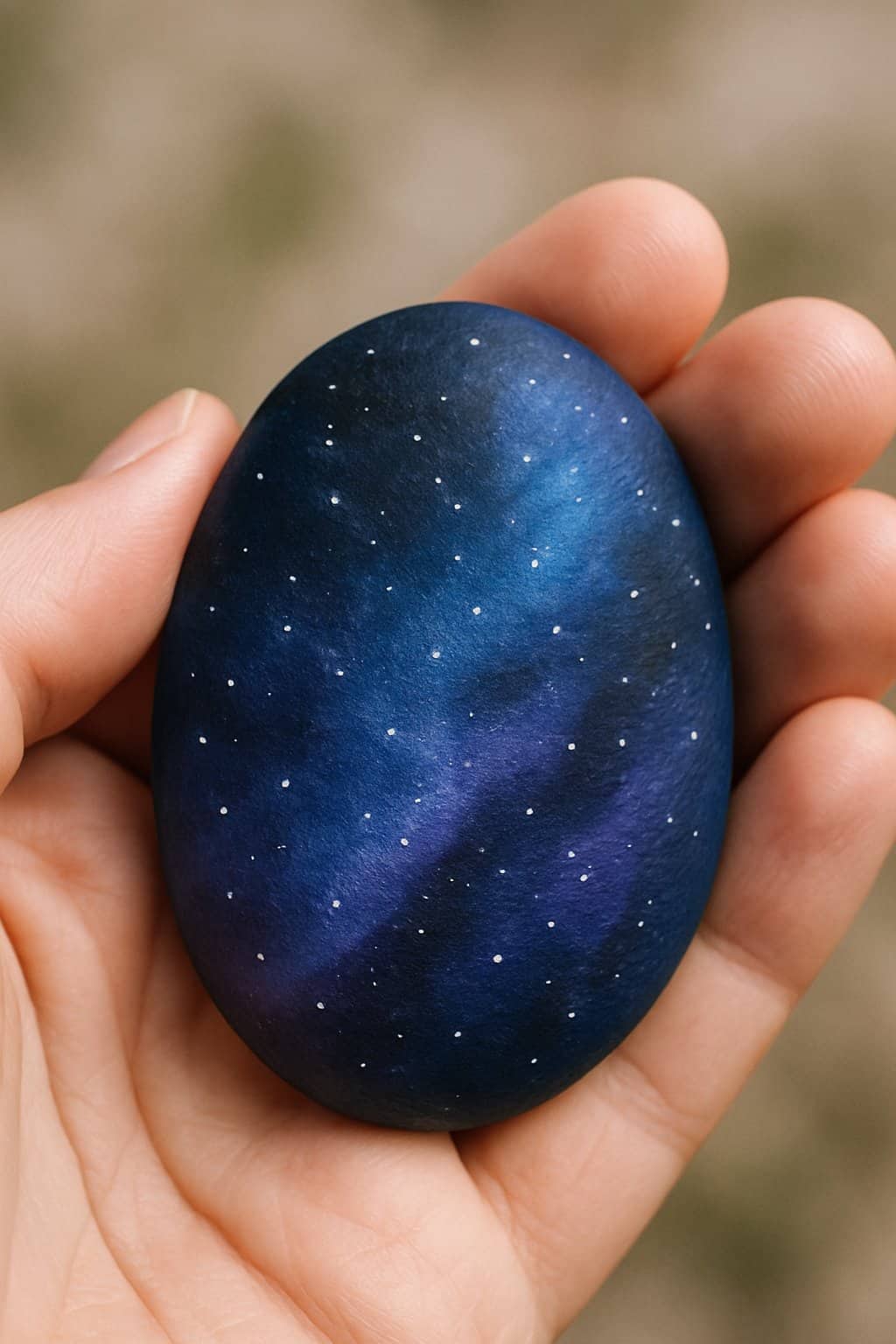 A hand holding a smooth river rock painted with a navy blue galaxy design.