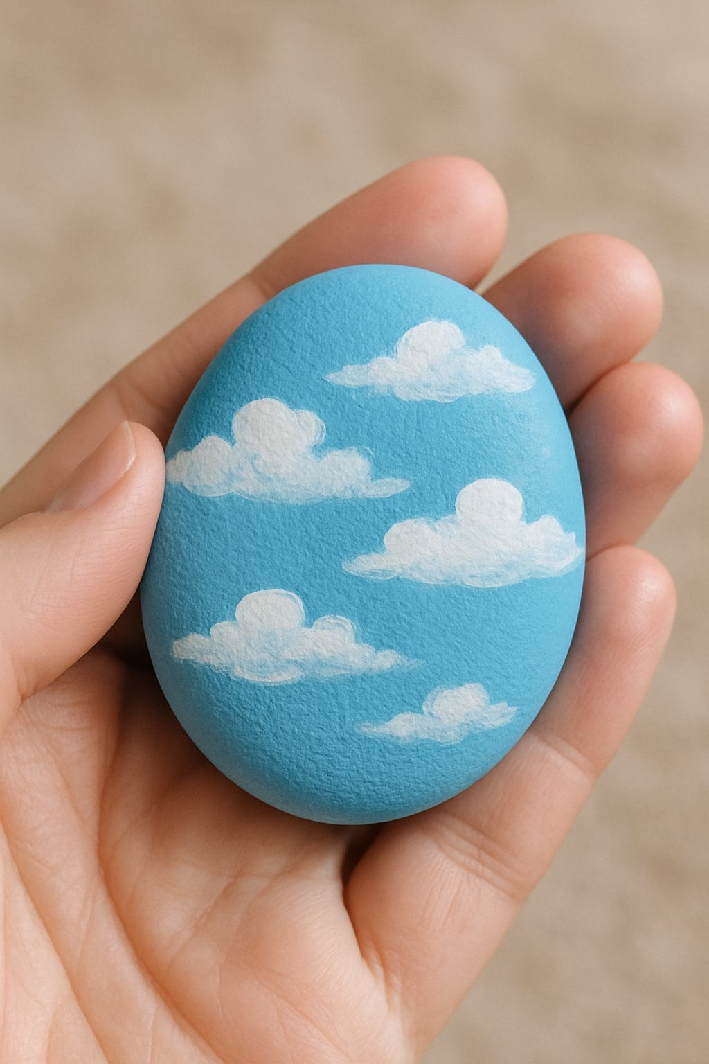 A hand holding a smooth river rock painted with blue and white cloud patterns.