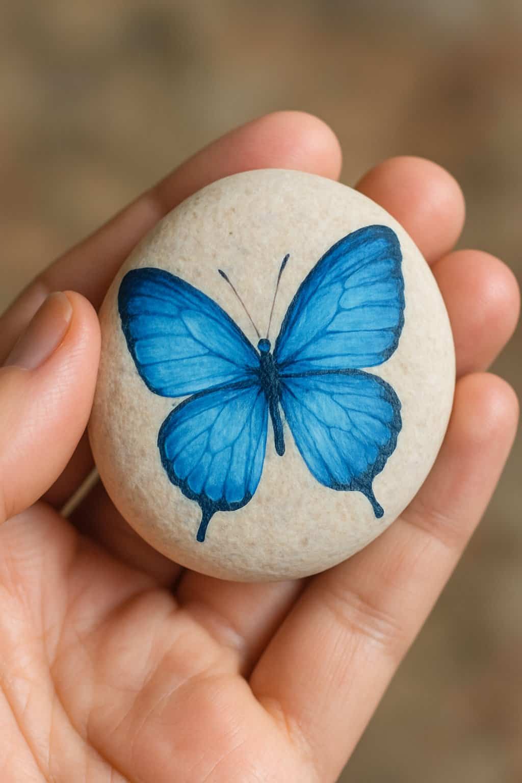 A hand holding a smooth river rock painted with a blue butterfly design.