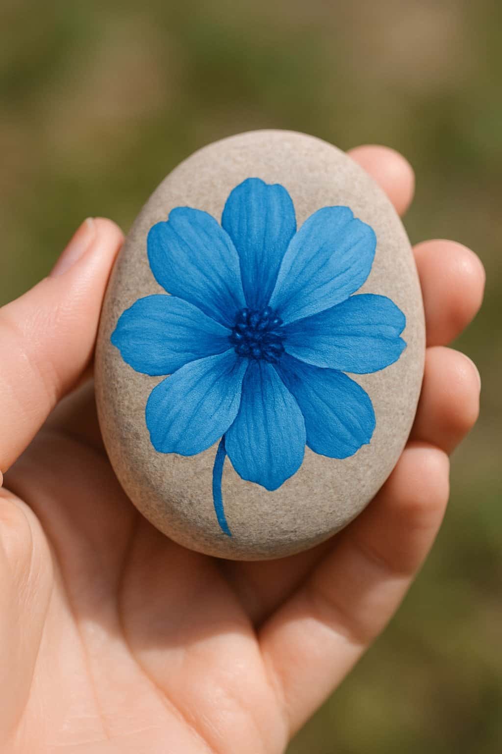 A hand holding a smooth river rock painted with a blue flower design.