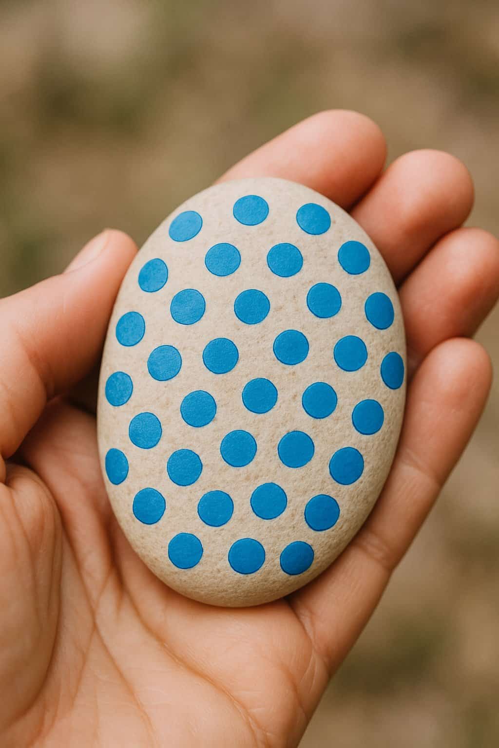 A hand holding a smooth river rock painted with blue polka dots.