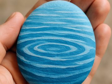 A hand holding a smooth, oval stone painted with blue water-like ripples and wavy patterns.