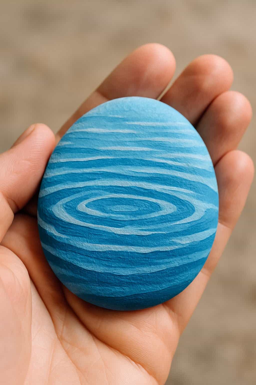 A hand holding a smooth river rock painted with blue ripple patterns.