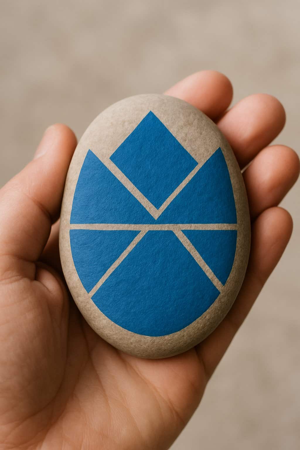 A hand holding a smooth river rock painted with a blue geometric pattern.