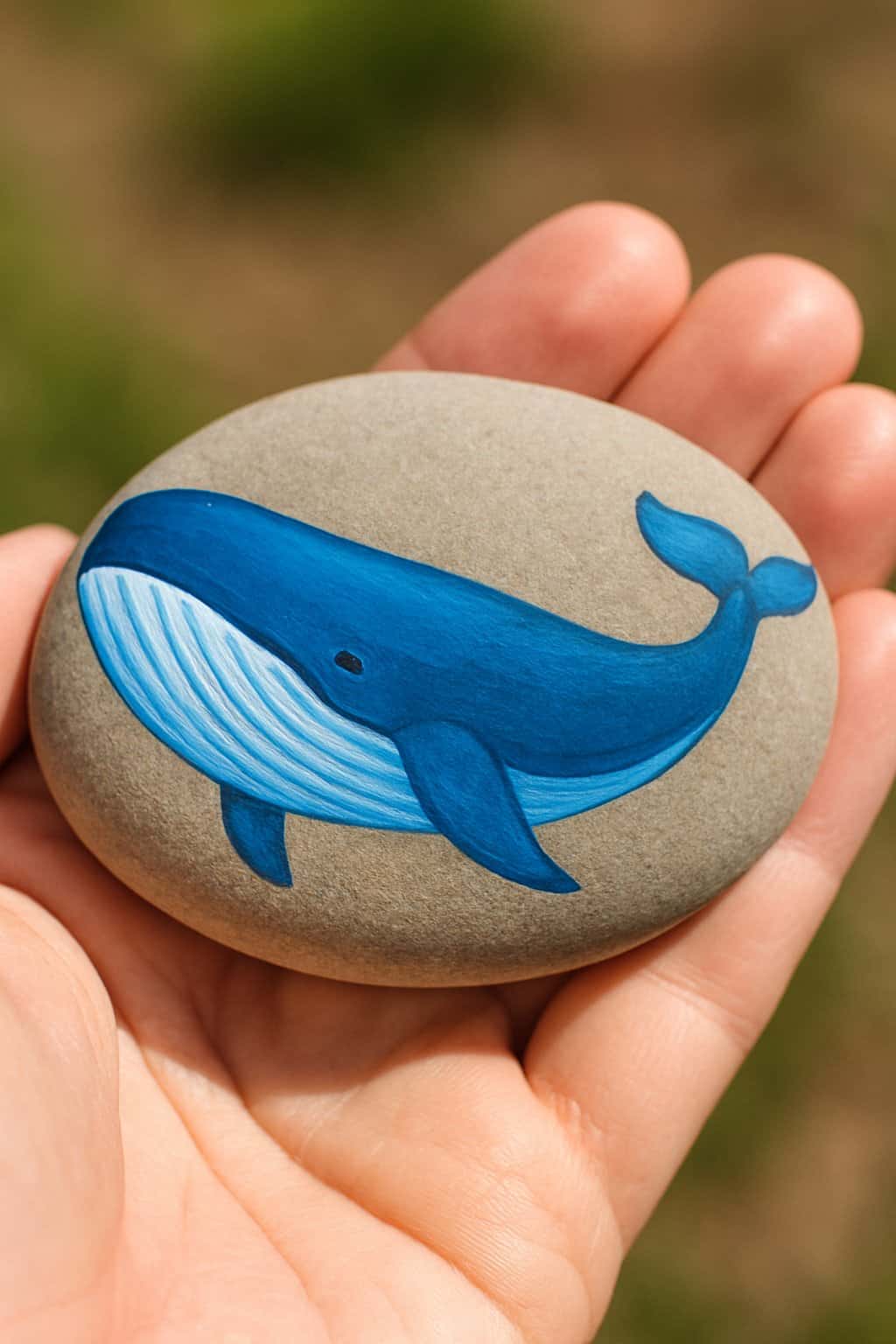 A hand holding a smooth river rock painted with a blue whale design.
