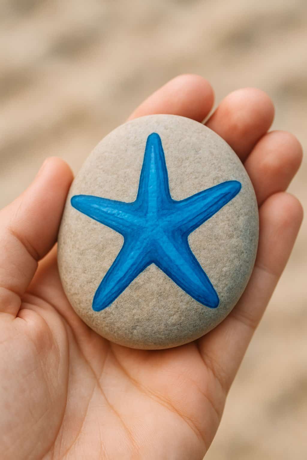 A hand holding a smooth river rock painted with a blue starfish design.