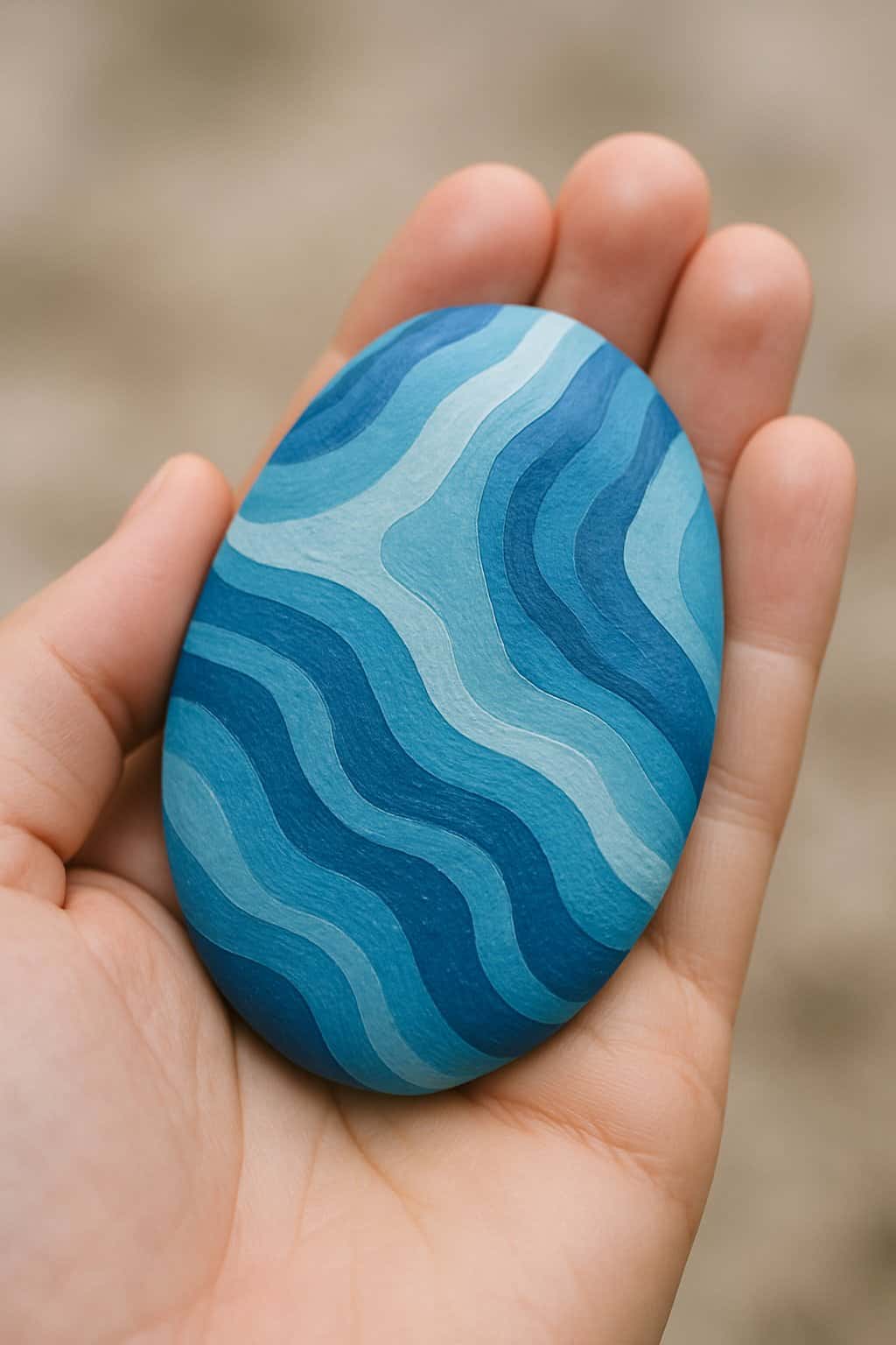 A hand holding a smooth river rock painted with blue abstract patterns.