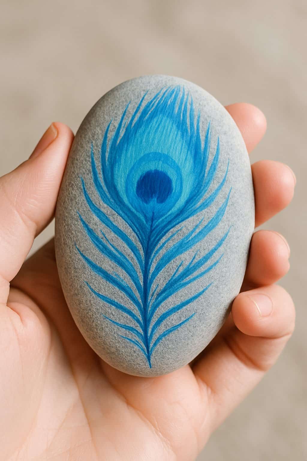 A hand holding a smooth river rock painted with a blue peacock feather design.