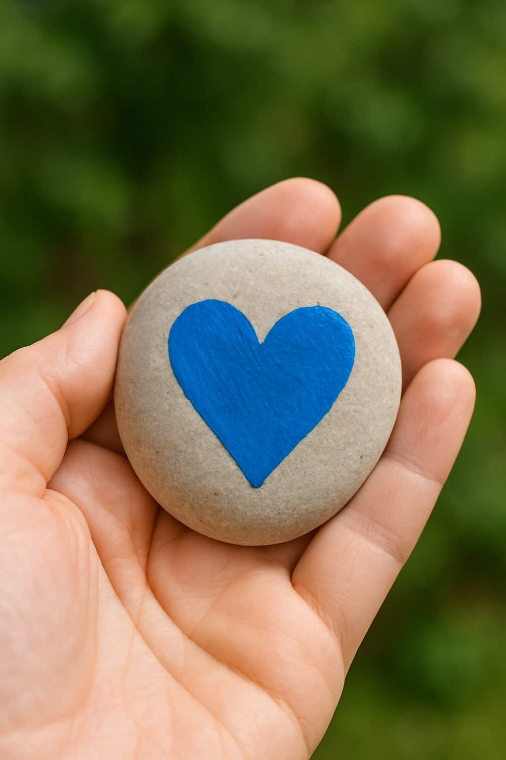 A hand holding a smooth river rock painted with a blue heart.