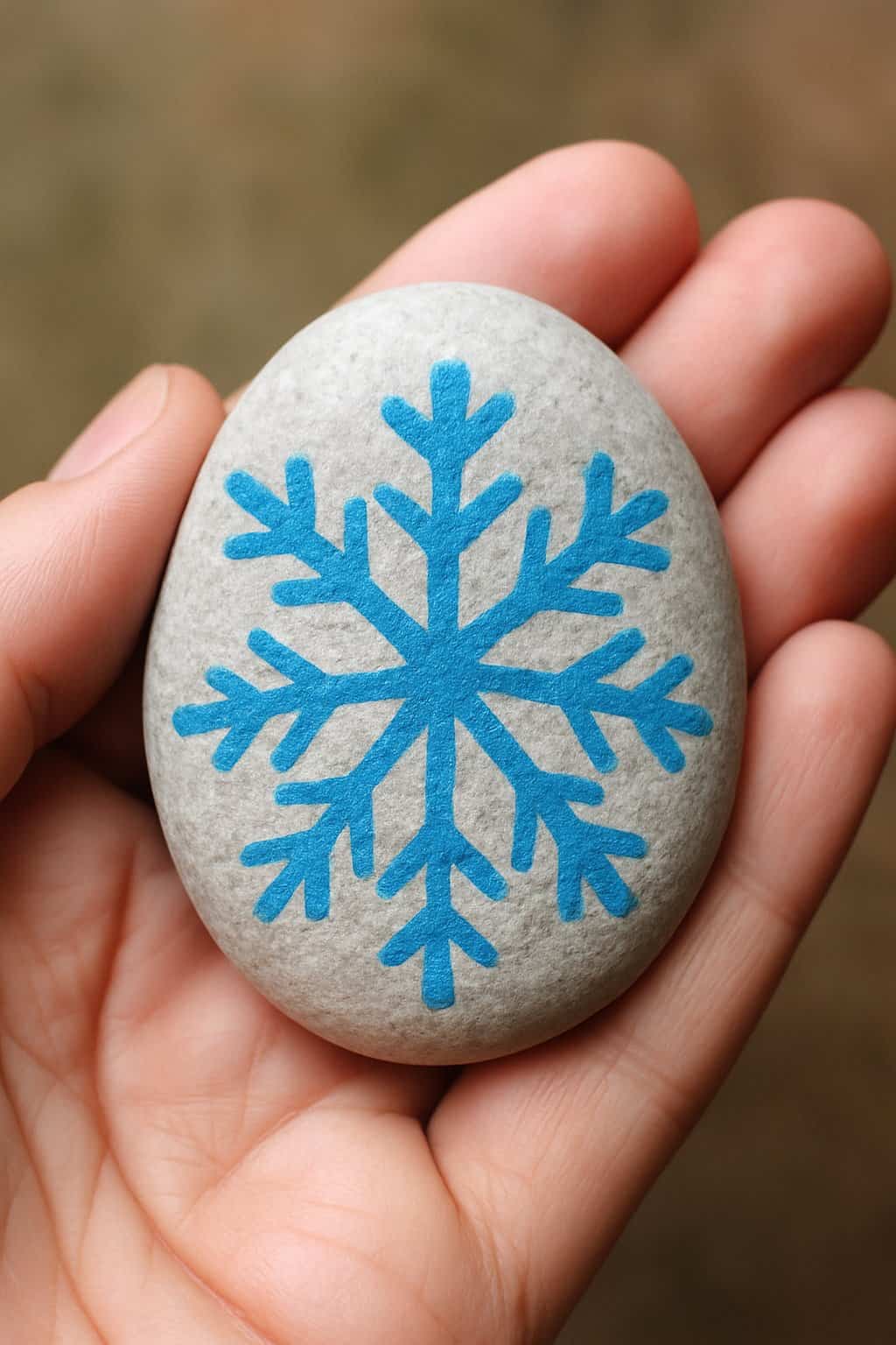 A hand holding a smooth river rock painted with a blue snowflake design.