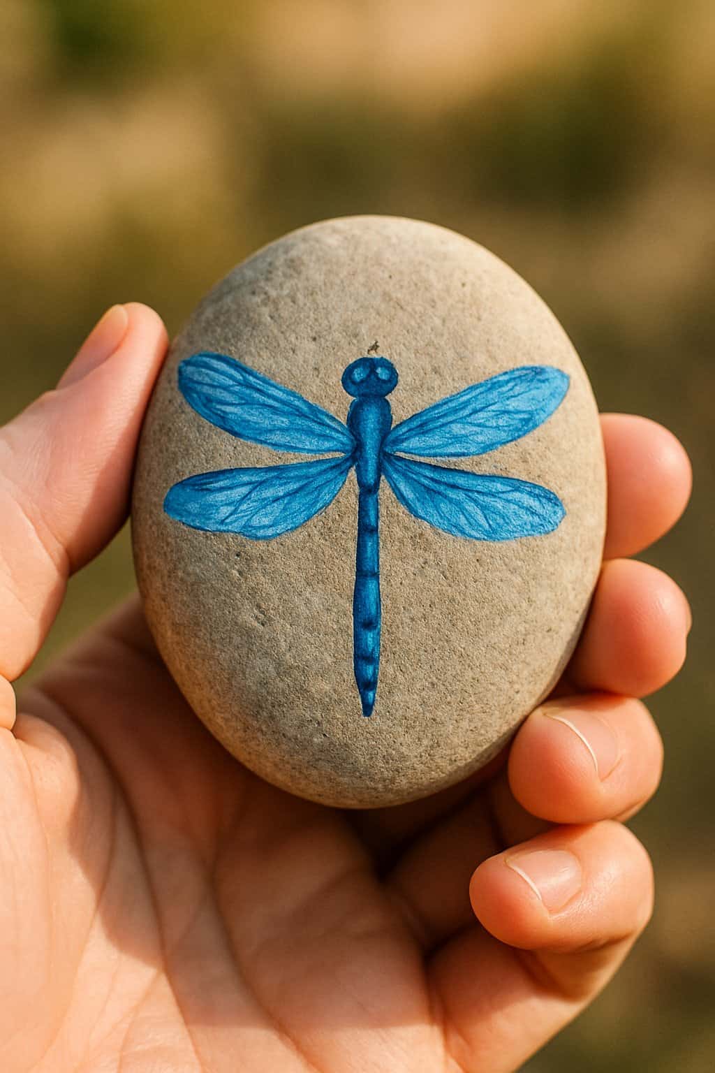 A hand holding a smooth river rock painted with a blue dragonfly design.