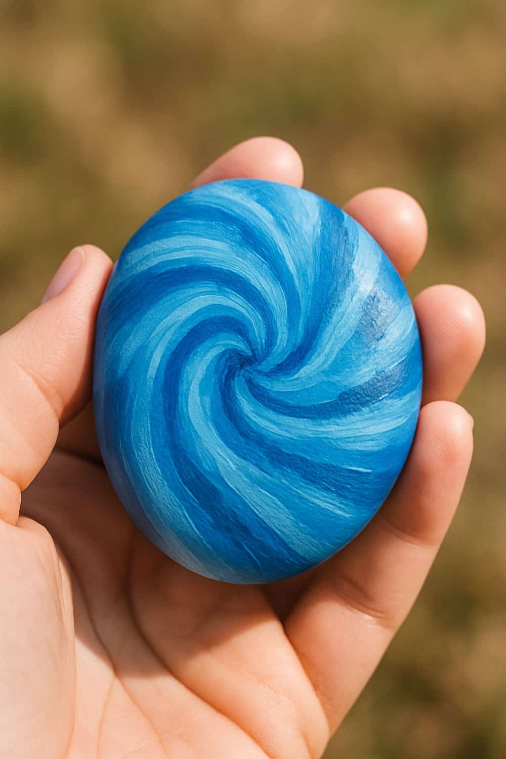 A hand holding a smooth river rock painted with blue tie-dye patterns against a natural outdoor background.