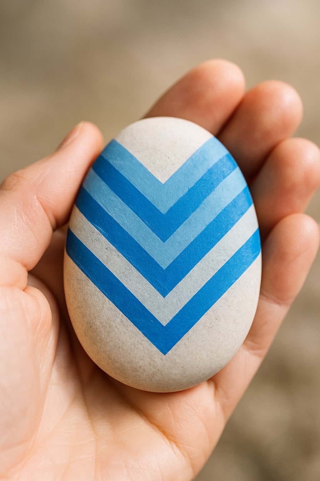A hand holding a smooth river rock painted with a blue chevron pattern.