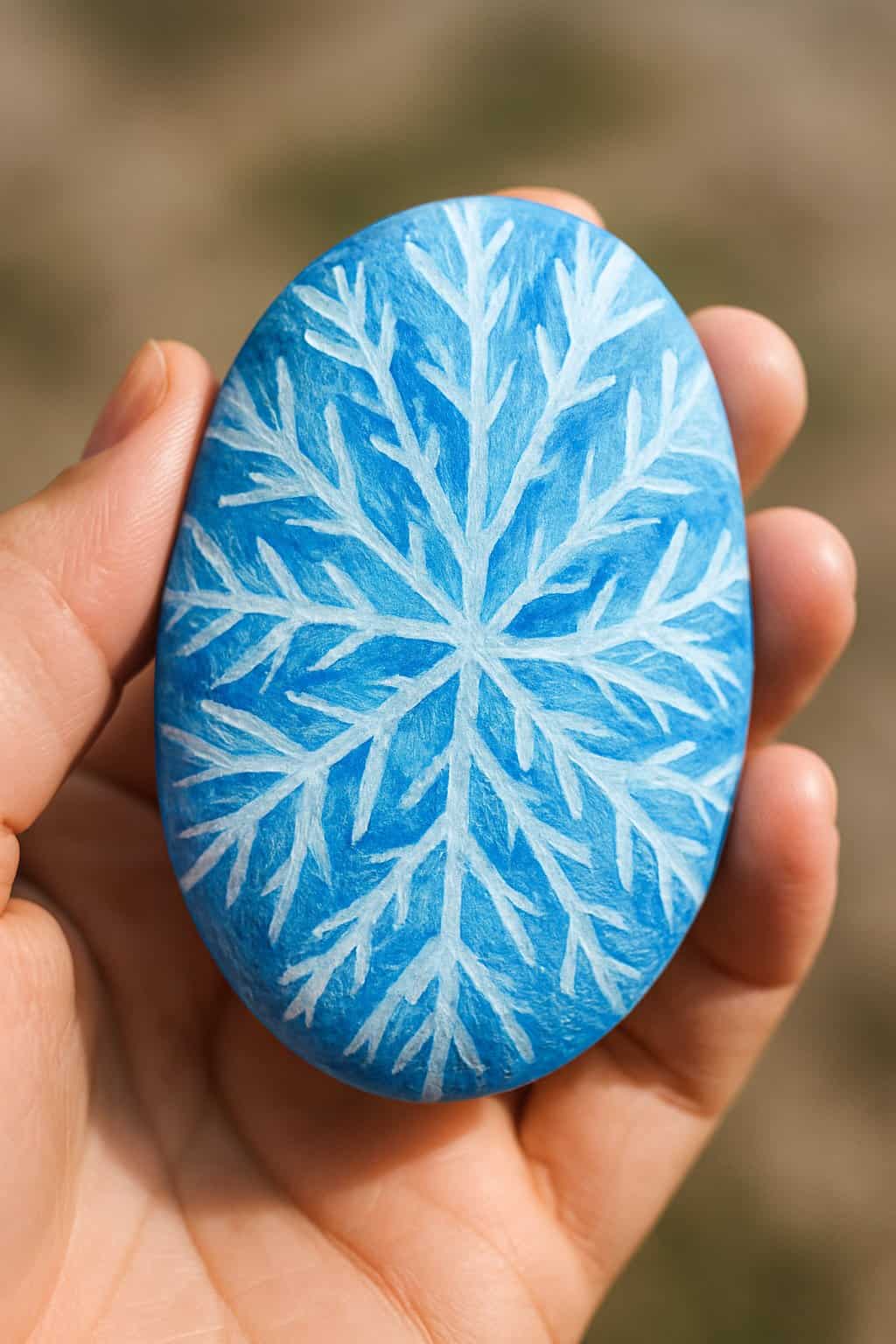 A hand holding a smooth river rock painted with blue and white ice crystal designs.
