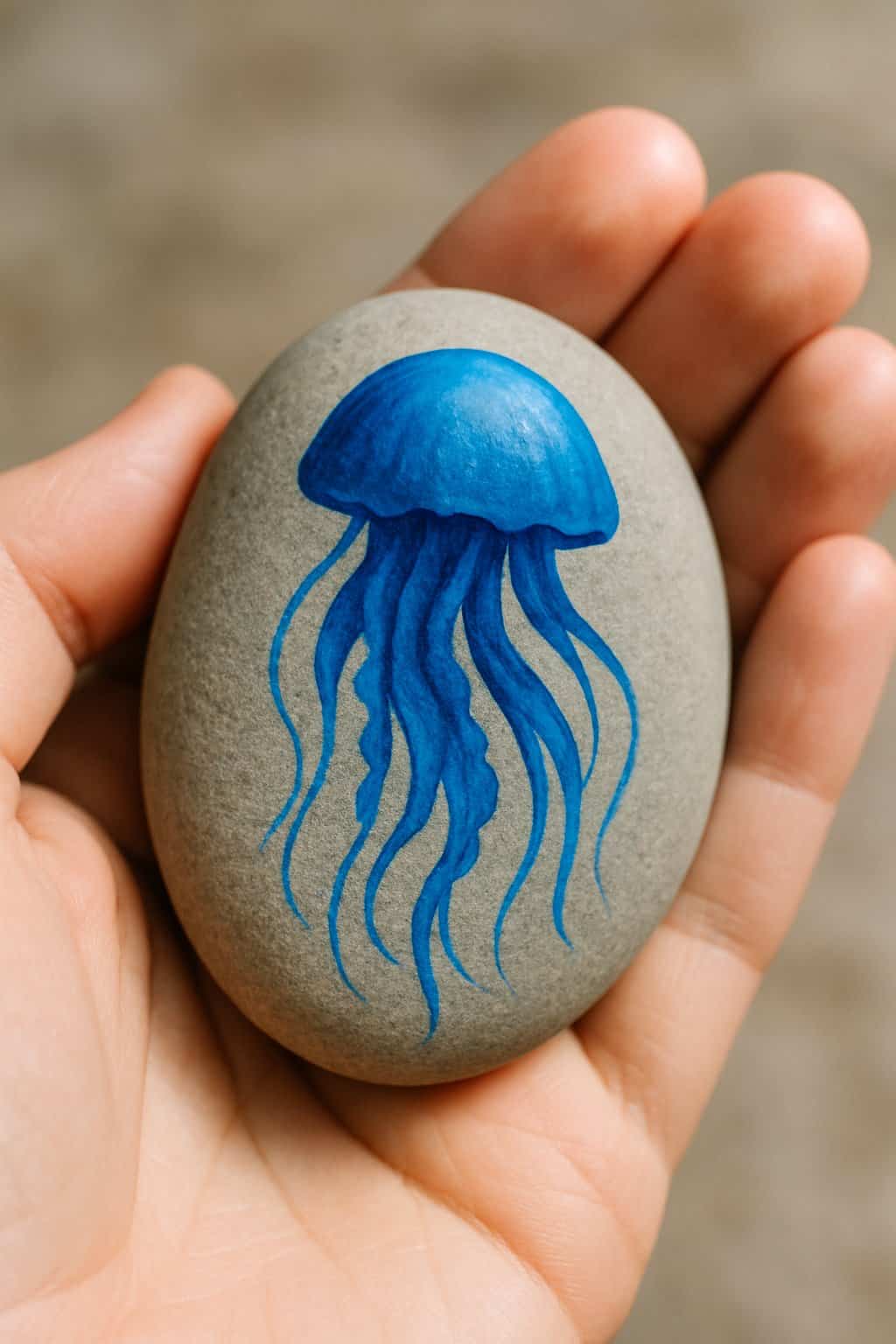 A hand holding a smooth river rock painted with a blue jellyfish design.