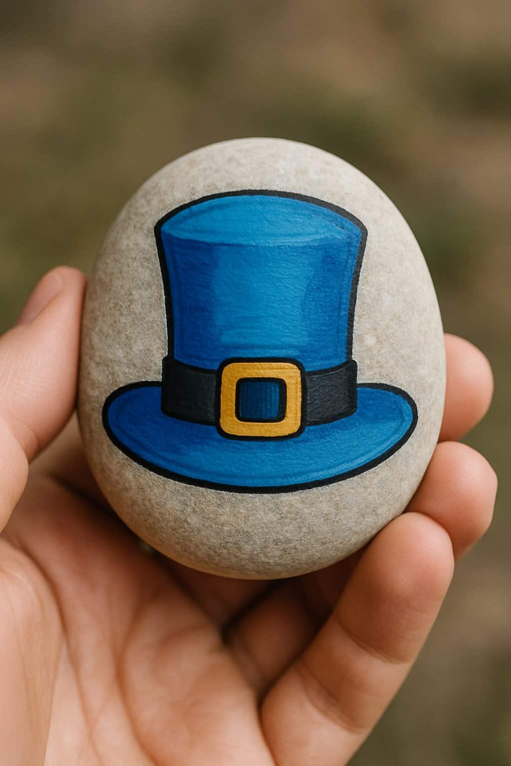 A hand holding a smooth river rock painted with a blue leprechaun hat design.