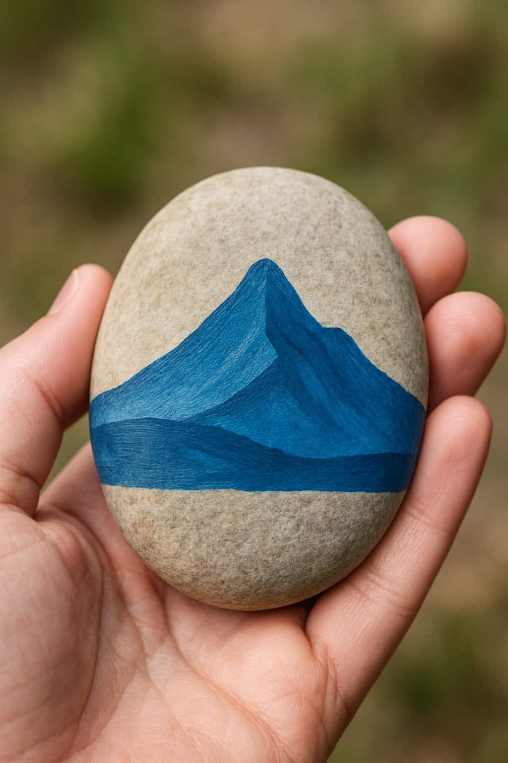 A hand holding a smooth river rock painted with a blue mountain silhouette.