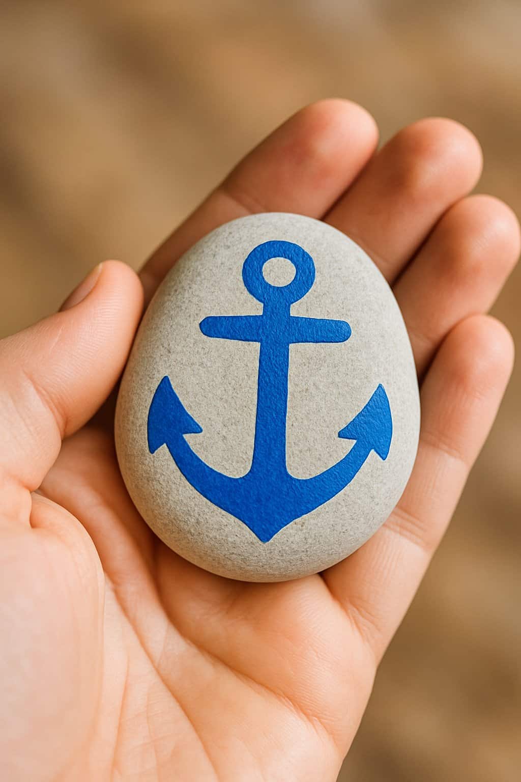A hand holding a smooth river rock painted with a blue nautical anchor design.