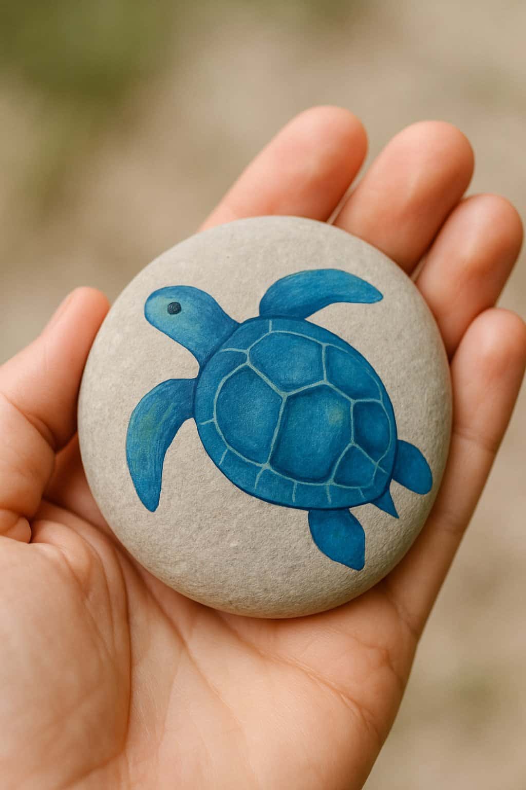 A hand holding a smooth painted rock with a blue ocean turtle design.