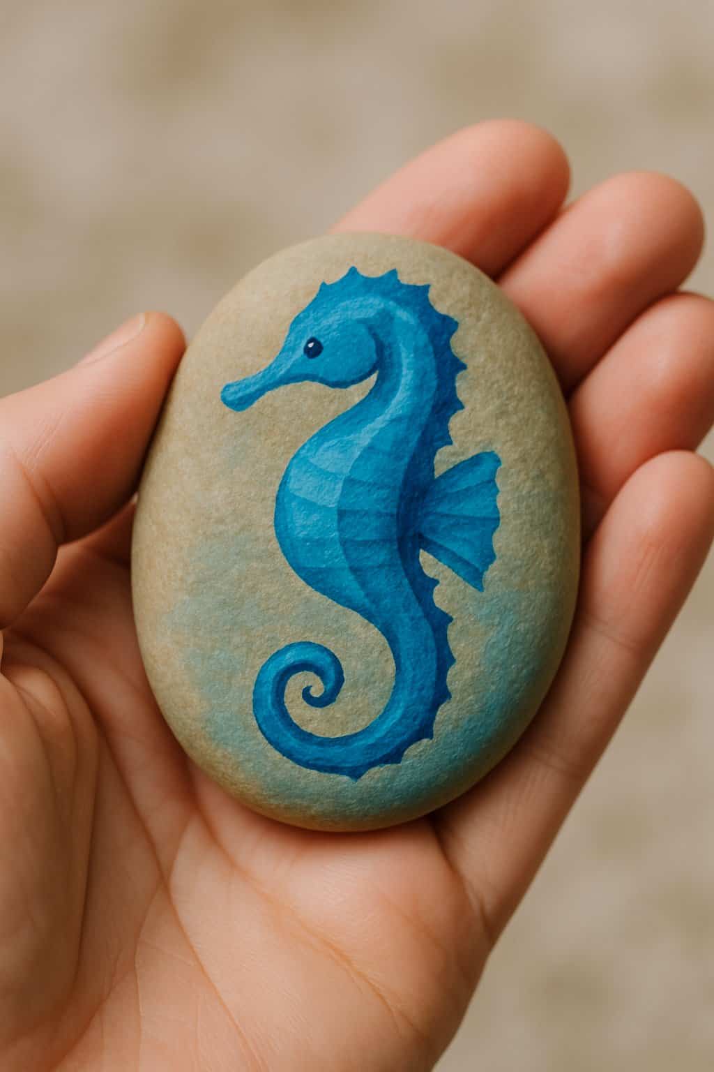 A hand holding a smooth river rock painted with a blue seahorse design.