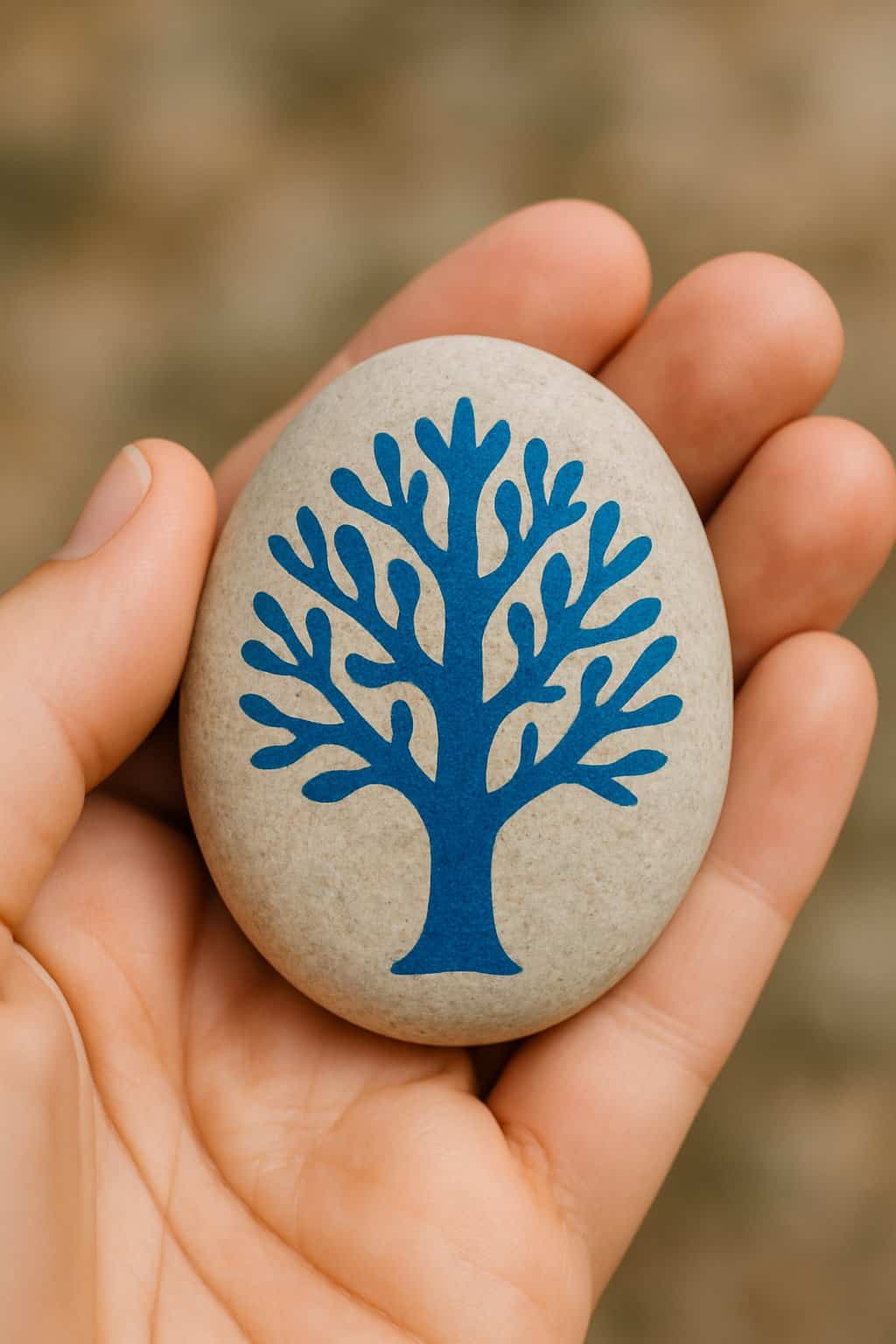 A hand holding a smooth river rock painted with a blue tree silhouette.