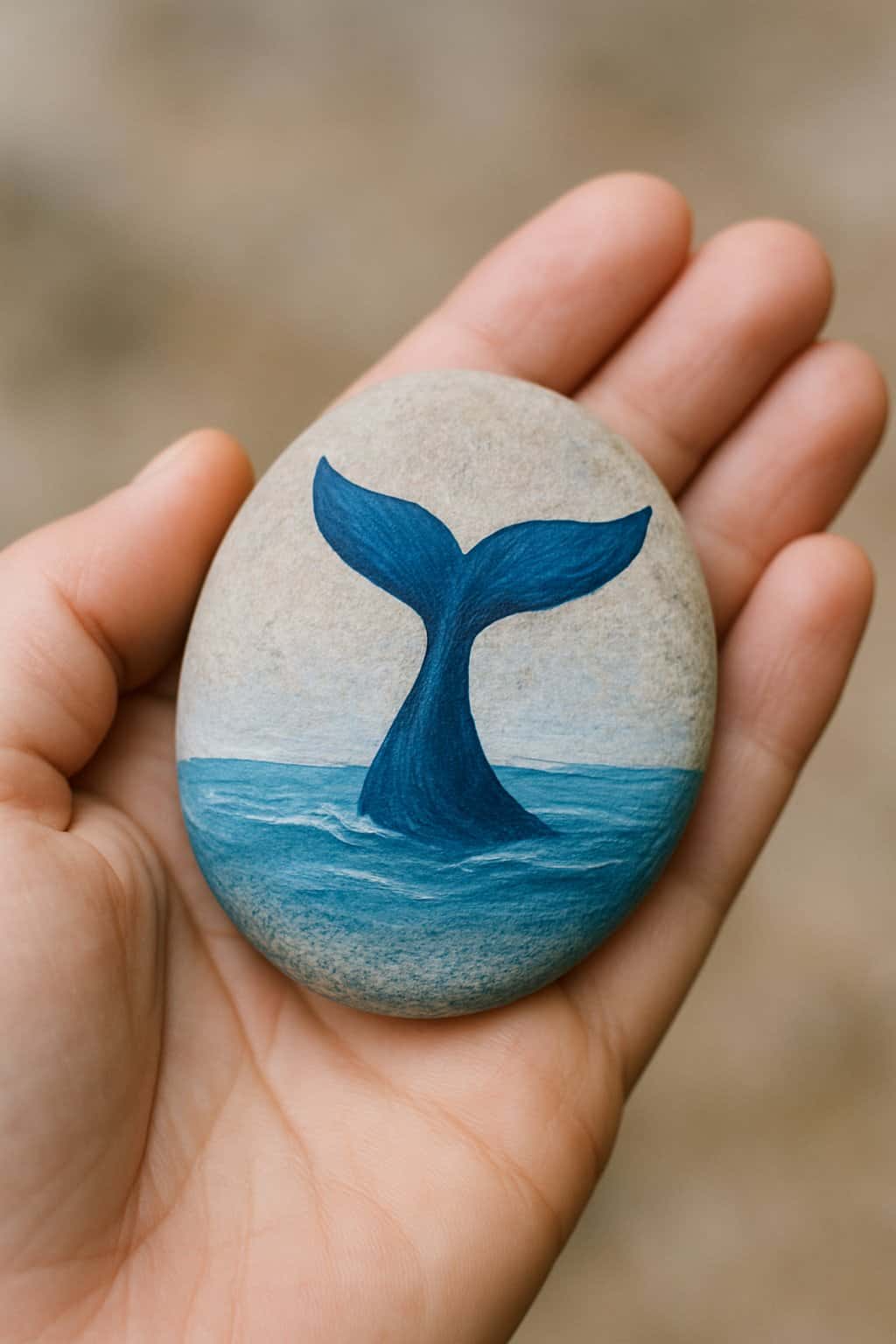A hand holding a smooth river rock painted with a blue whale tail design.