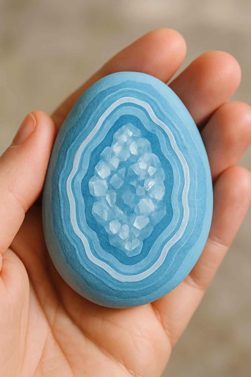 A hand holding a smooth river rock painted with light blue and white patterns resembling a geode.