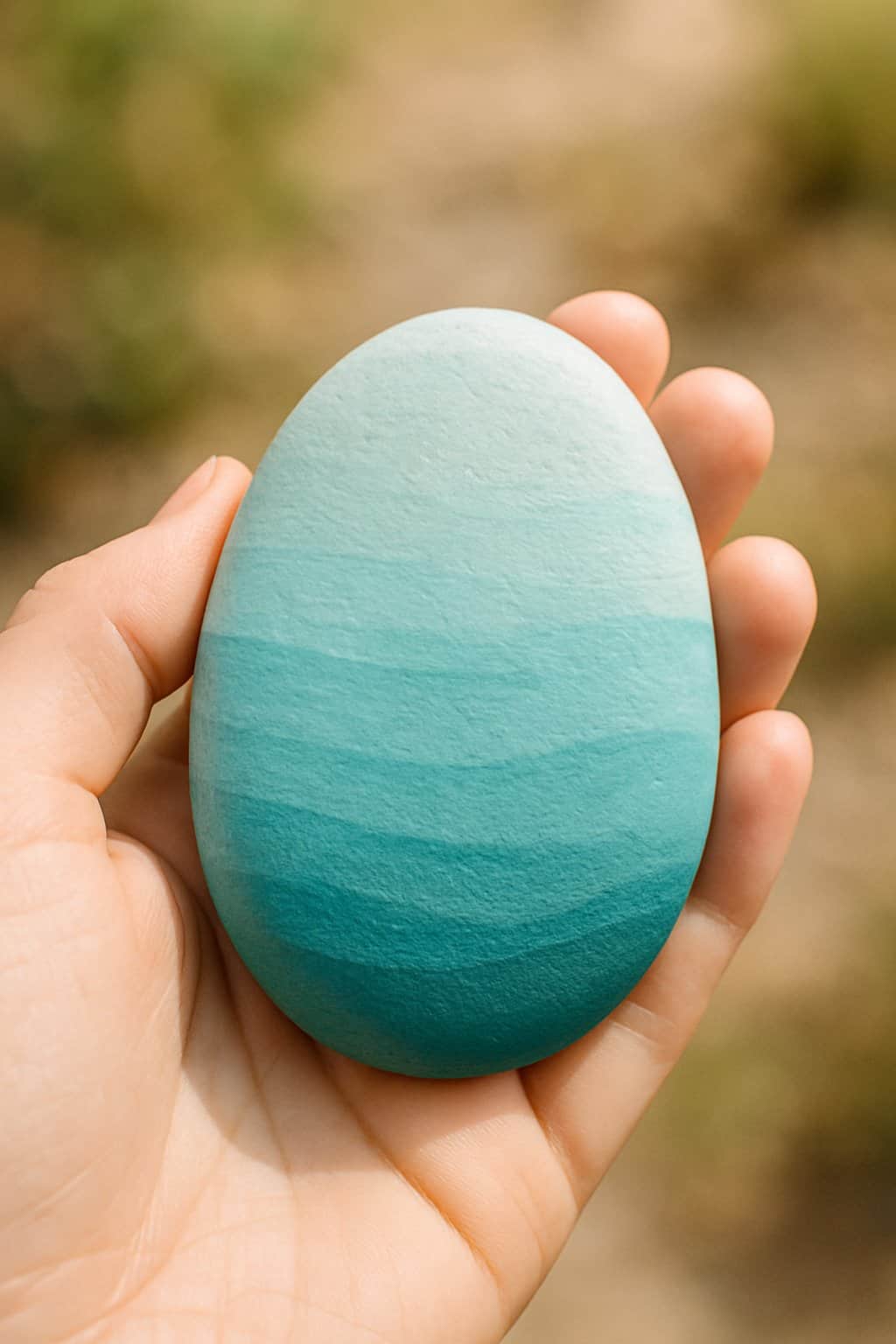 A hand holding a smooth river rock painted with blue gradient colors against a natural outdoor background.