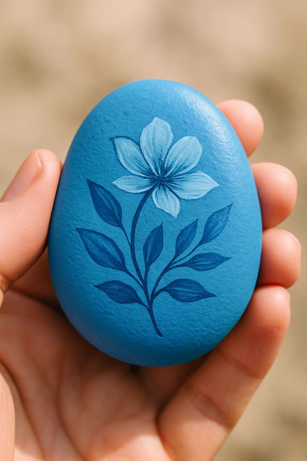 A hand holding a smooth river rock painted with a bright blue floral design.