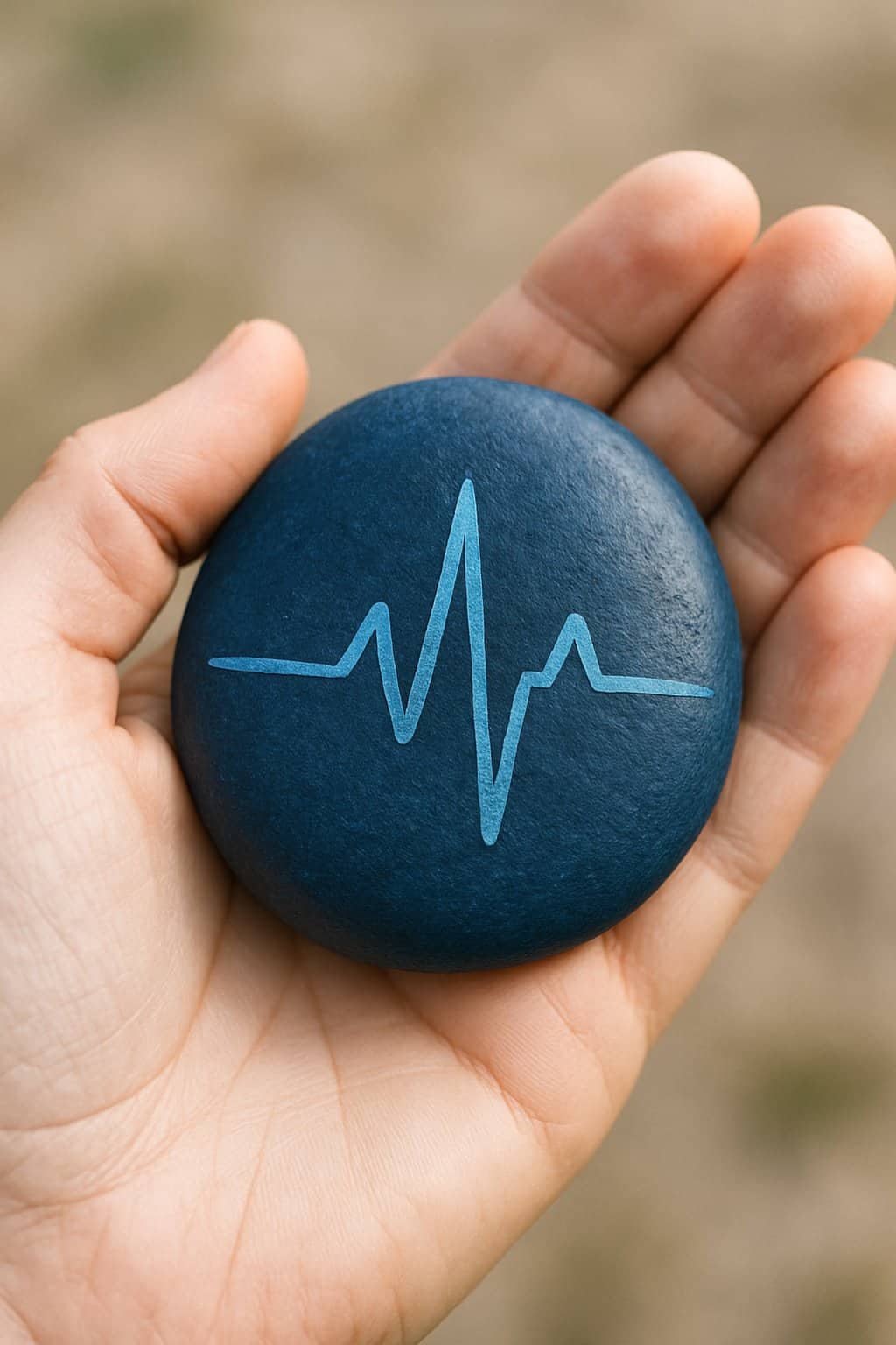 A hand holding a smooth river rock painted with a blue heartbeat line design.