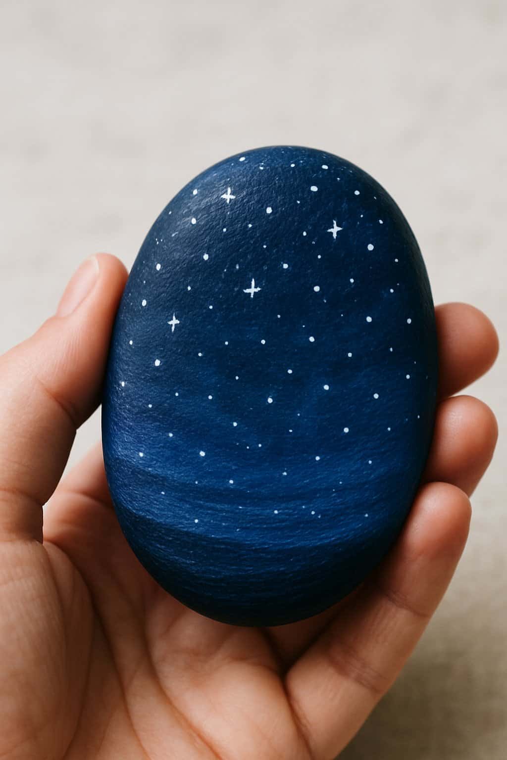 A hand holding a smooth river rock painted with blue and white star-like dots.