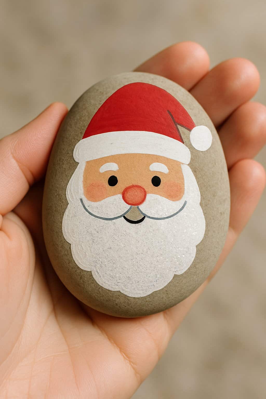 A hand holding a smooth river rock painted with a simple Santa Claus design featuring a glittery beard.