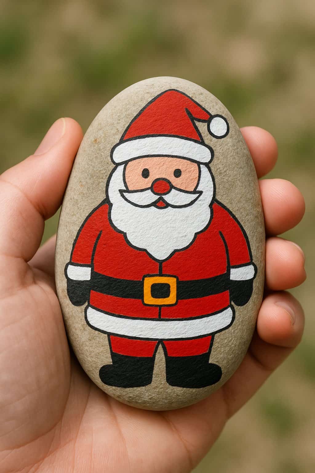 A hand holding a smooth river rock painted with a simple full-body image of Santa Claus.