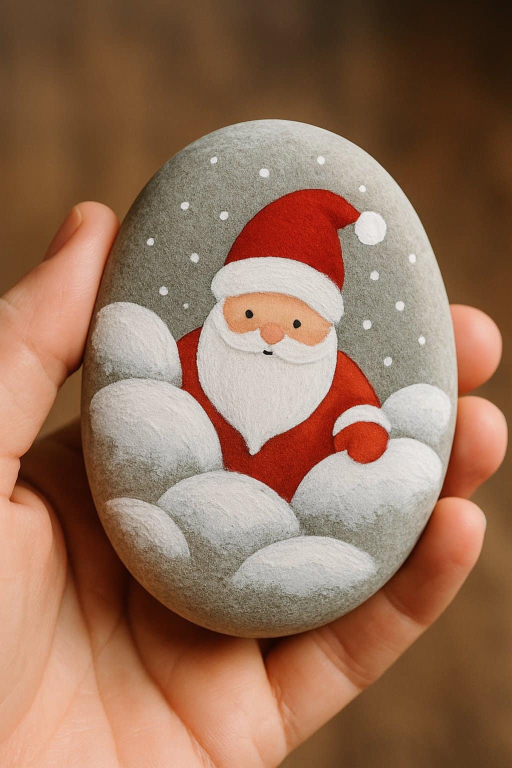 A hand holding a smooth river rock painted with an image of Santa peeking out from snowy rocks.