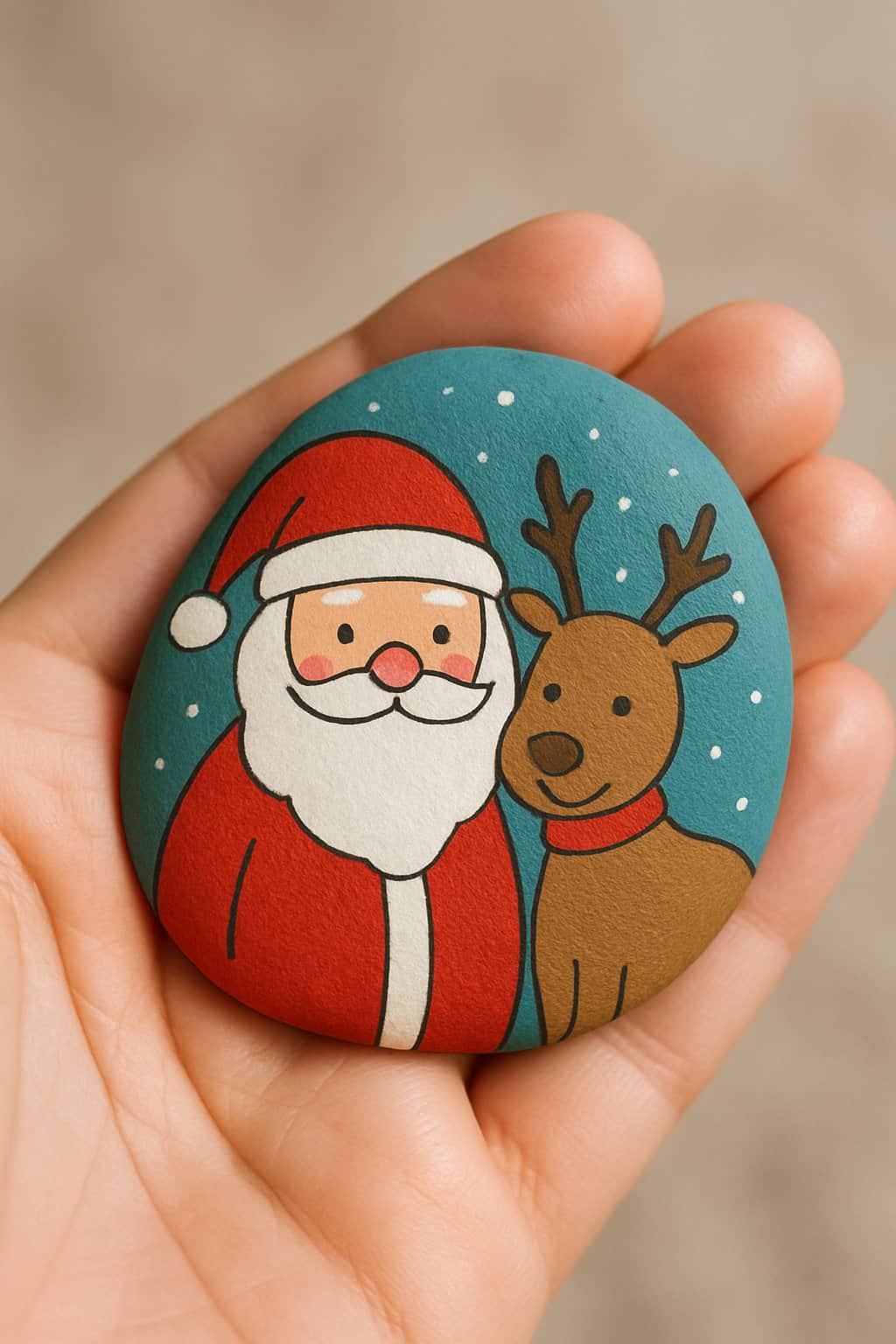A hand holding a smooth river rock painted with an image of Santa Claus and a reindeer.