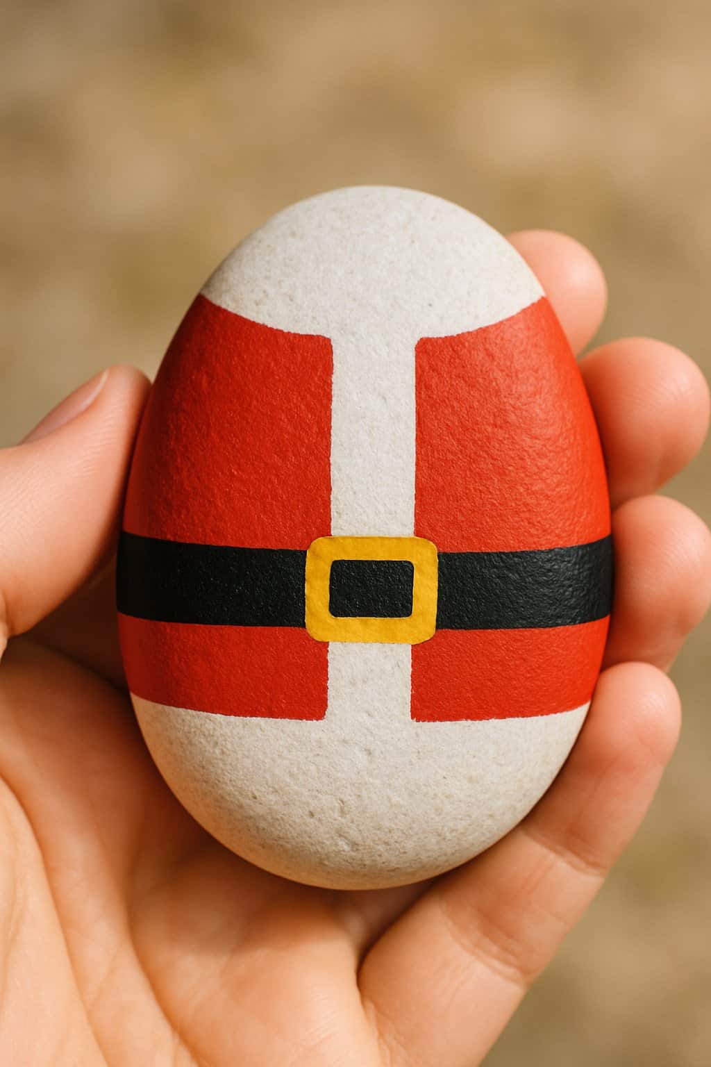 A hand holding a smooth river rock painted with a Santa Claus belly and belt design.