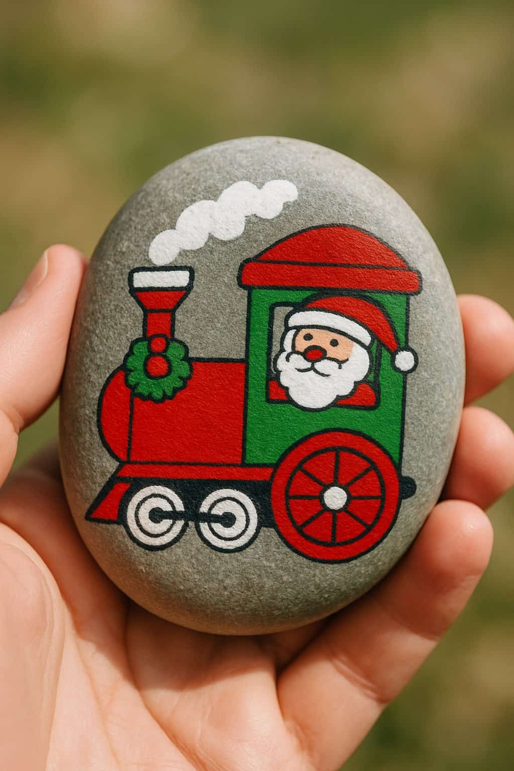 A hand holding a smooth river rock painted with a colorful Santa Express train design.