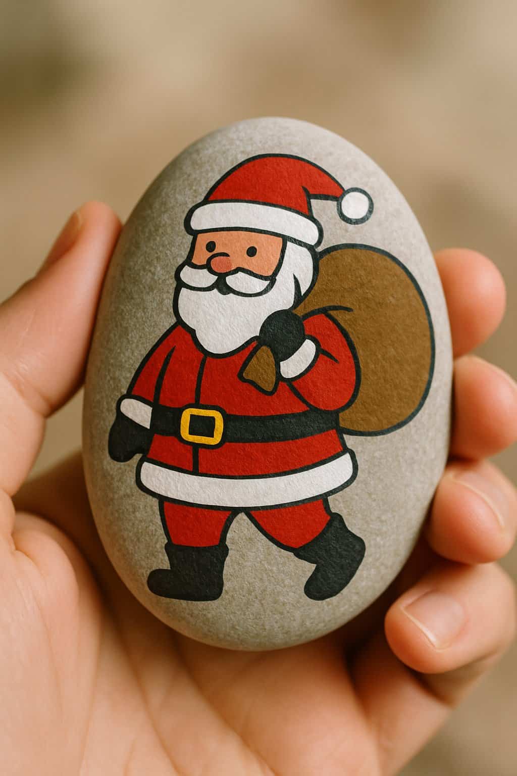 A hand holding a smooth river rock painted with an image of Santa Claus carrying a gift sack on his back.