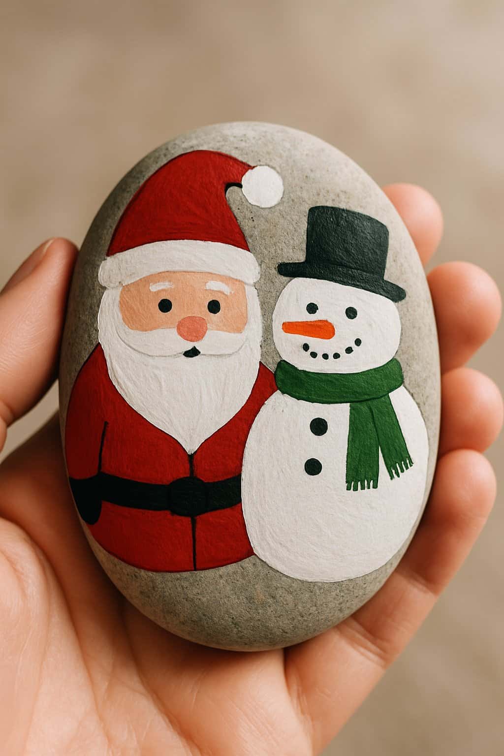 A hand holding a smooth river rock painted with a simple Santa or snowman design.