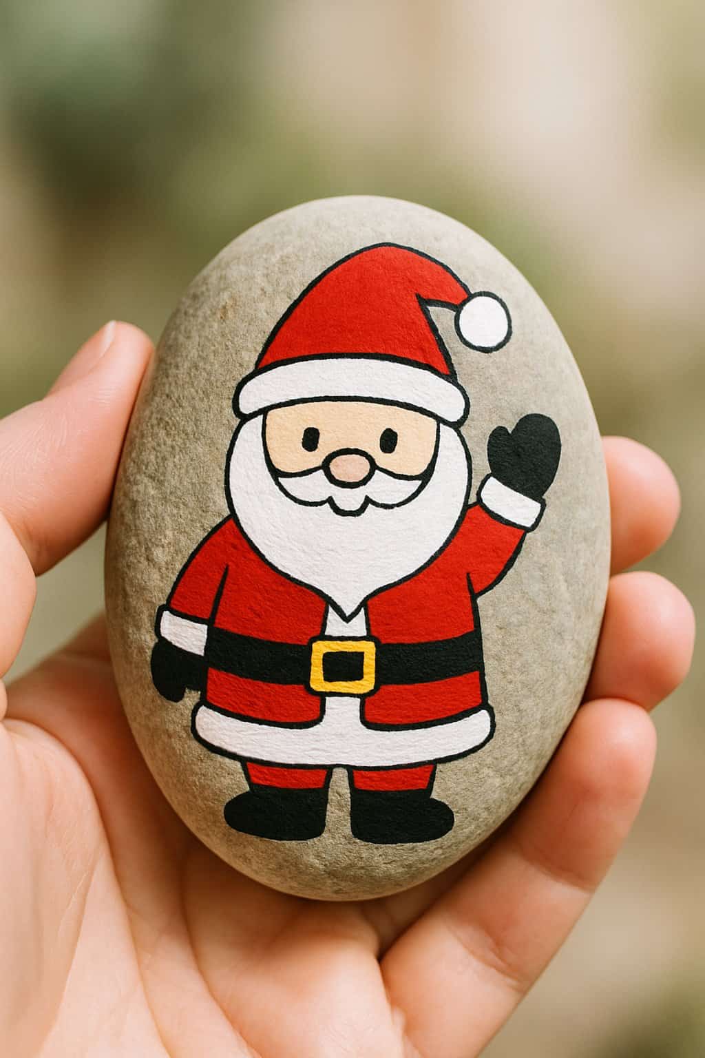 A hand holding a smooth river rock painted with a waving Santa Claus design.