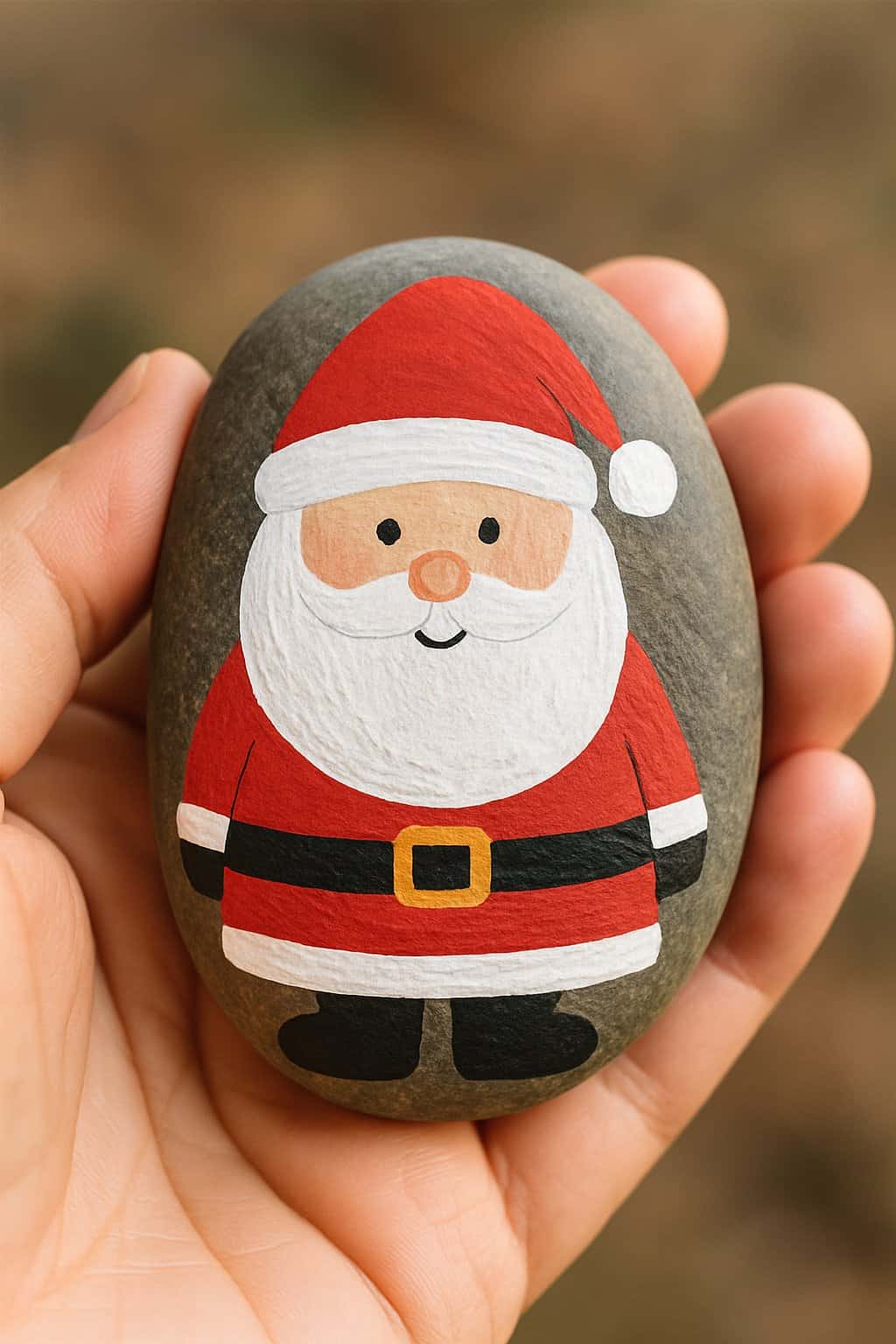 A hand holding a smooth river rock painted with a simple Santa Claus design.