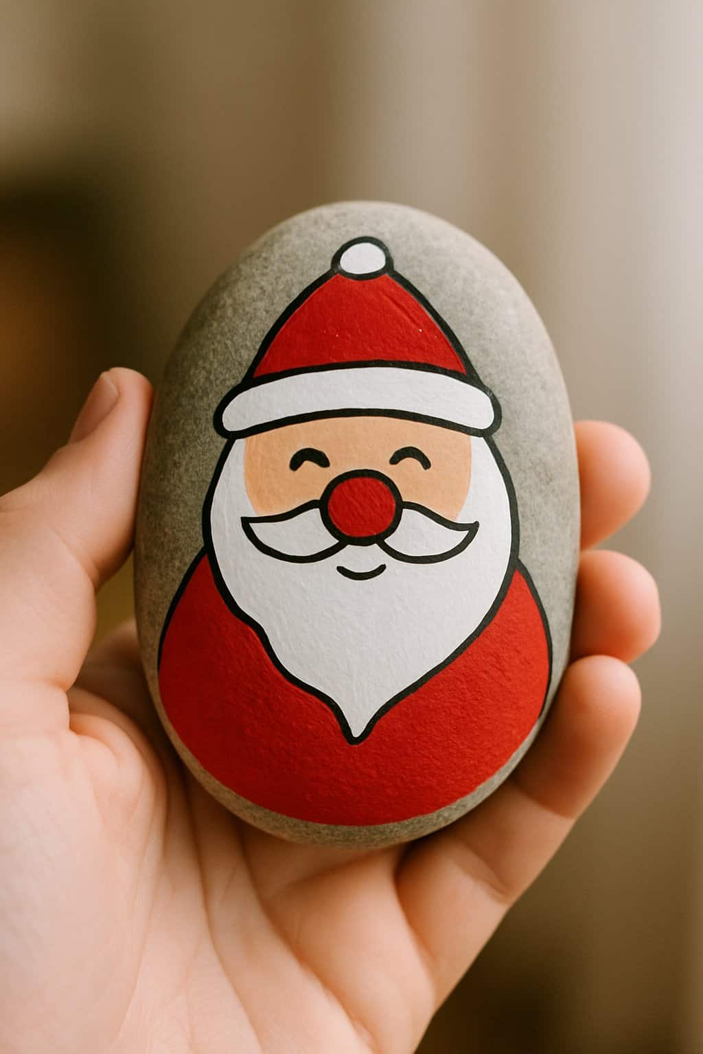 A hand holding a smooth river rock painted with an image of Santa Claus with a red nose.
