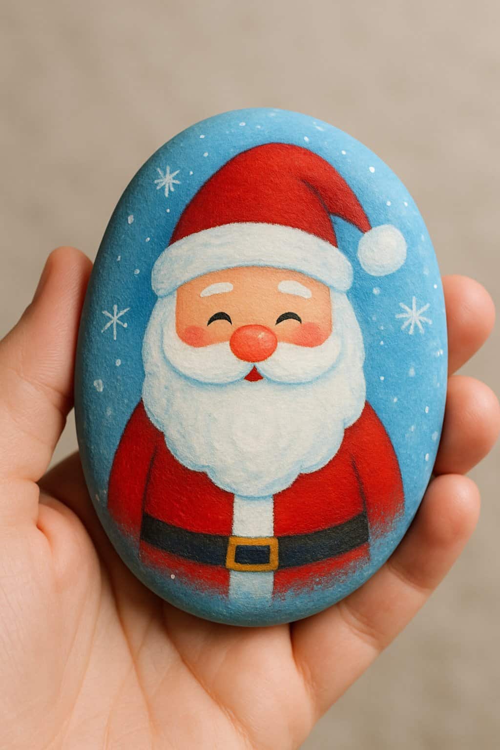 A hand holding a smooth river rock painted with a Santa Claus and frosty winter background design.