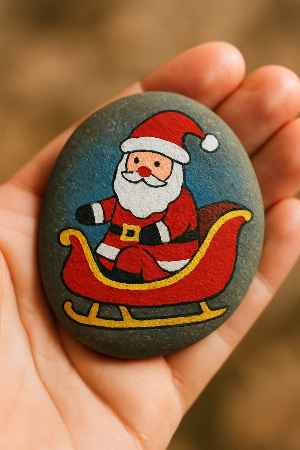 A hand holding a smooth river rock painted with an image of Santa Claus on a sleigh.