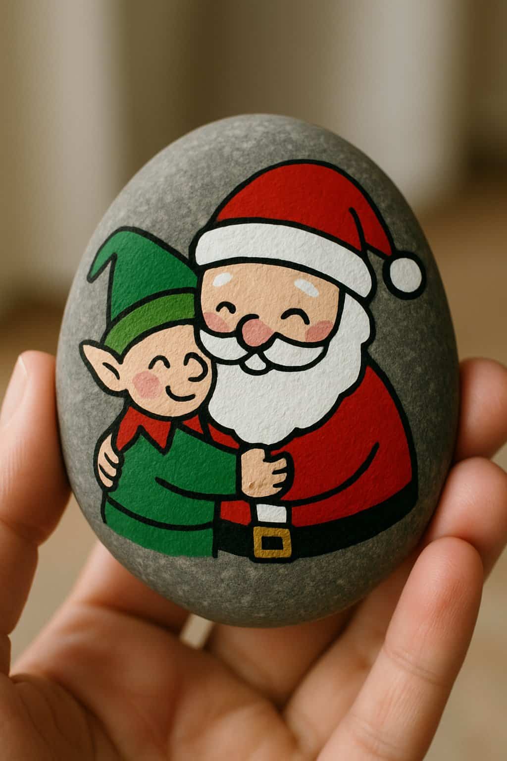 A hand holding a smooth river rock painted with a simple design of Santa Claus and an elf.