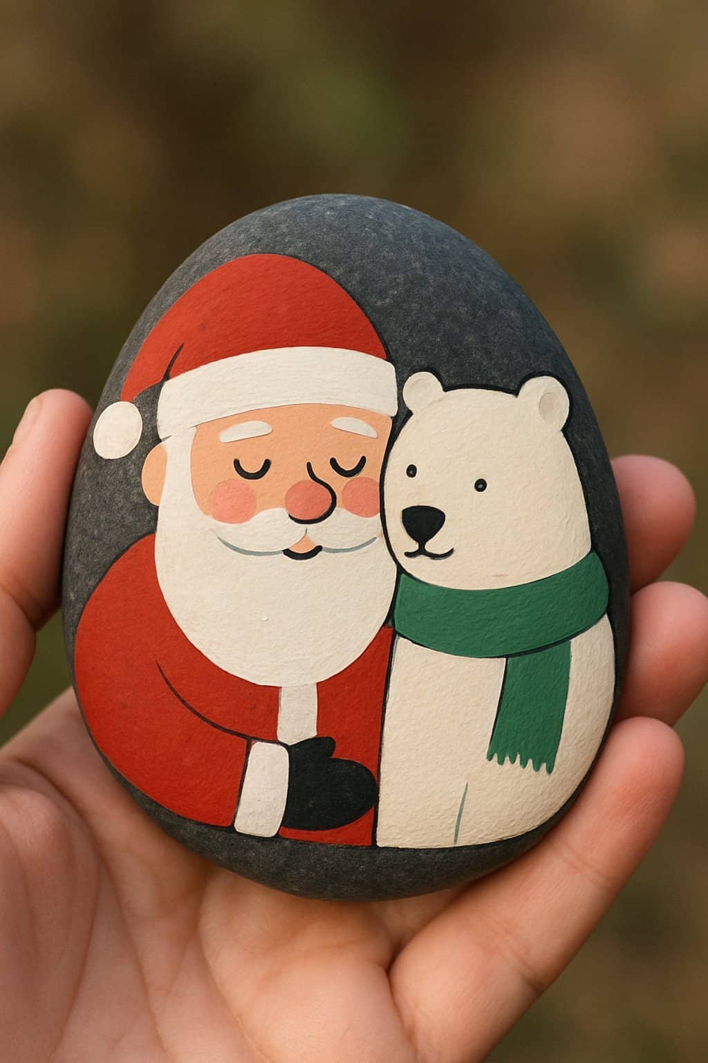A hand holding a smooth river rock painted with an image of Santa Claus and a polar bear.