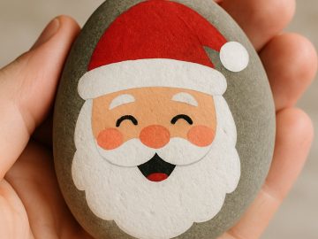 A hand holds a smooth stone painted with a smiling Santa Claus face, featuring a red hat, white beard, rosy cheeks, and closed eyes.