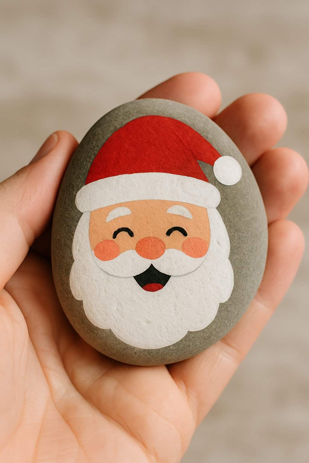 A hand holding a smooth river rock painted with a simple Santa Claus design.